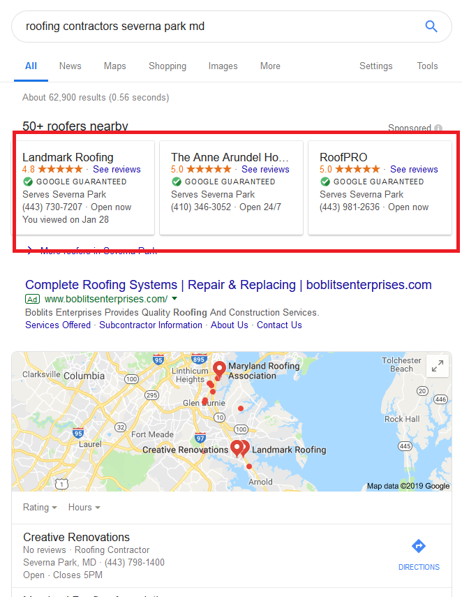 Google Local Services Ads For Roofers Example Search Results Page