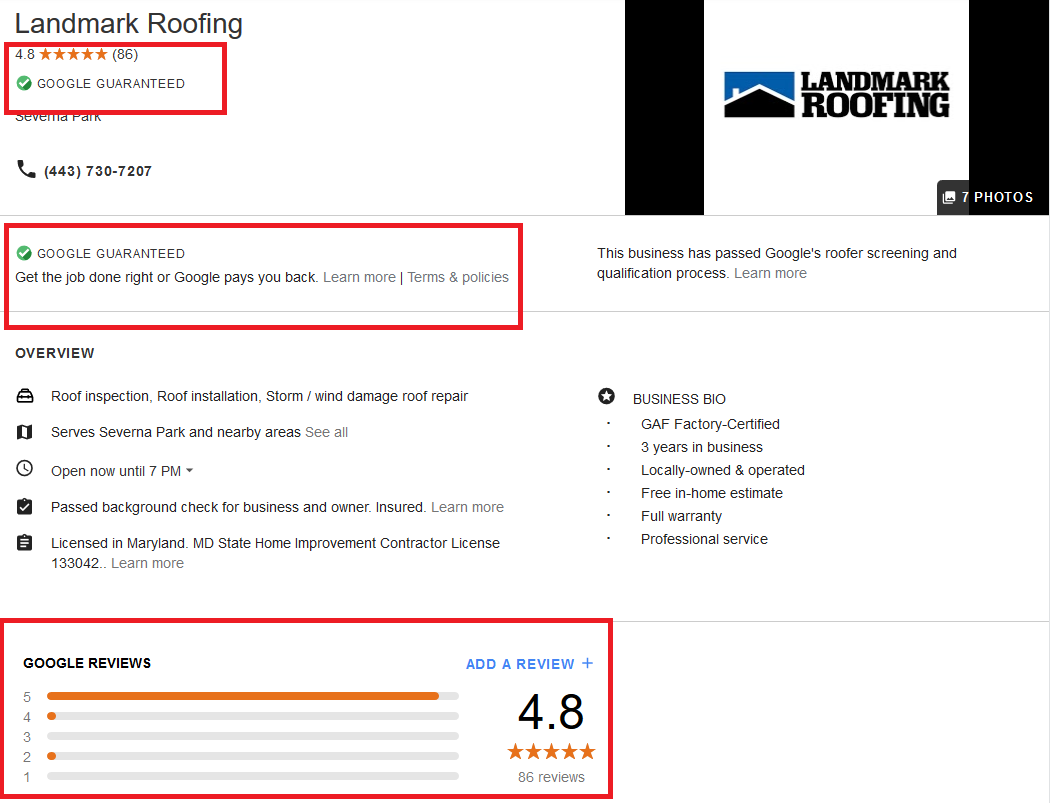 Google Local Services Ads Profile Example For Roofing Contractor