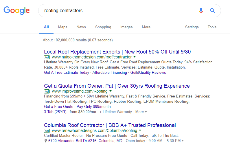 Roofing Contractor Ads At Top of Google Search Results One of 5 Reasons Roofers Need A PPC Campaign